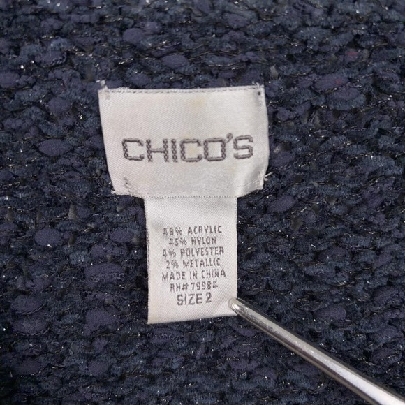 Chicos Sweater Womens 2 Large Blue V Neck Boucle Metallic Knit Pullover Textured - Picture 4 of 12